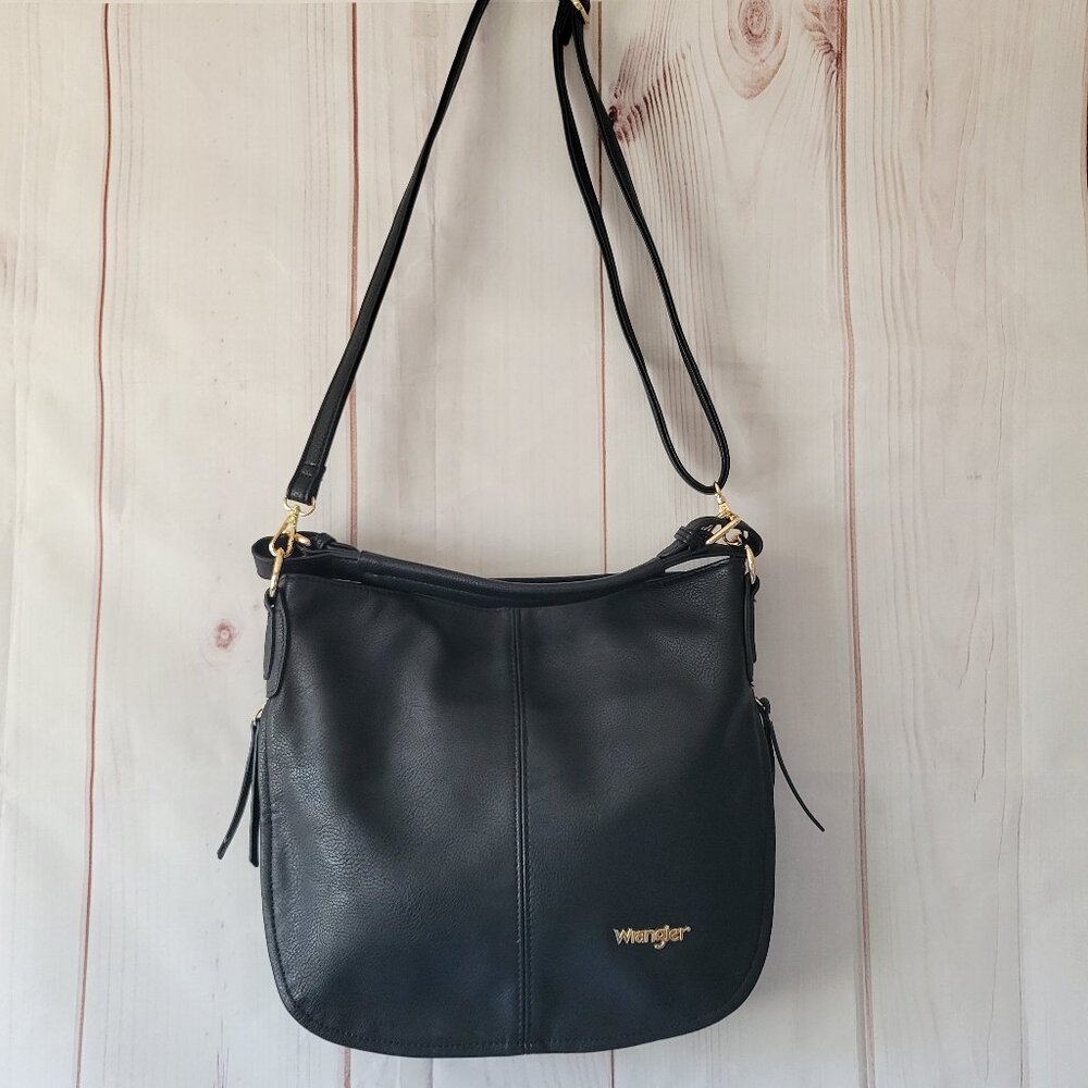 Wrangler Black Vegan Leather Shoulder Hobo Bag Purse w/Detachable Crossbody